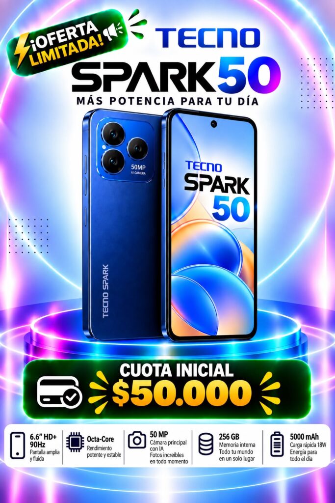 Tecno Spark 50 256GB a crédito con cuota inicial desde $50.000 en Medellín