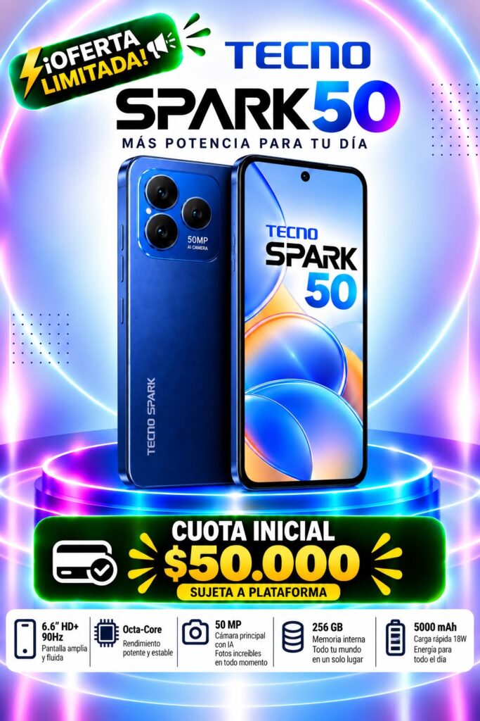 Tecno Spark 50 256GB a crédito con cuota inicial según tu estudio de crédito en Medellín