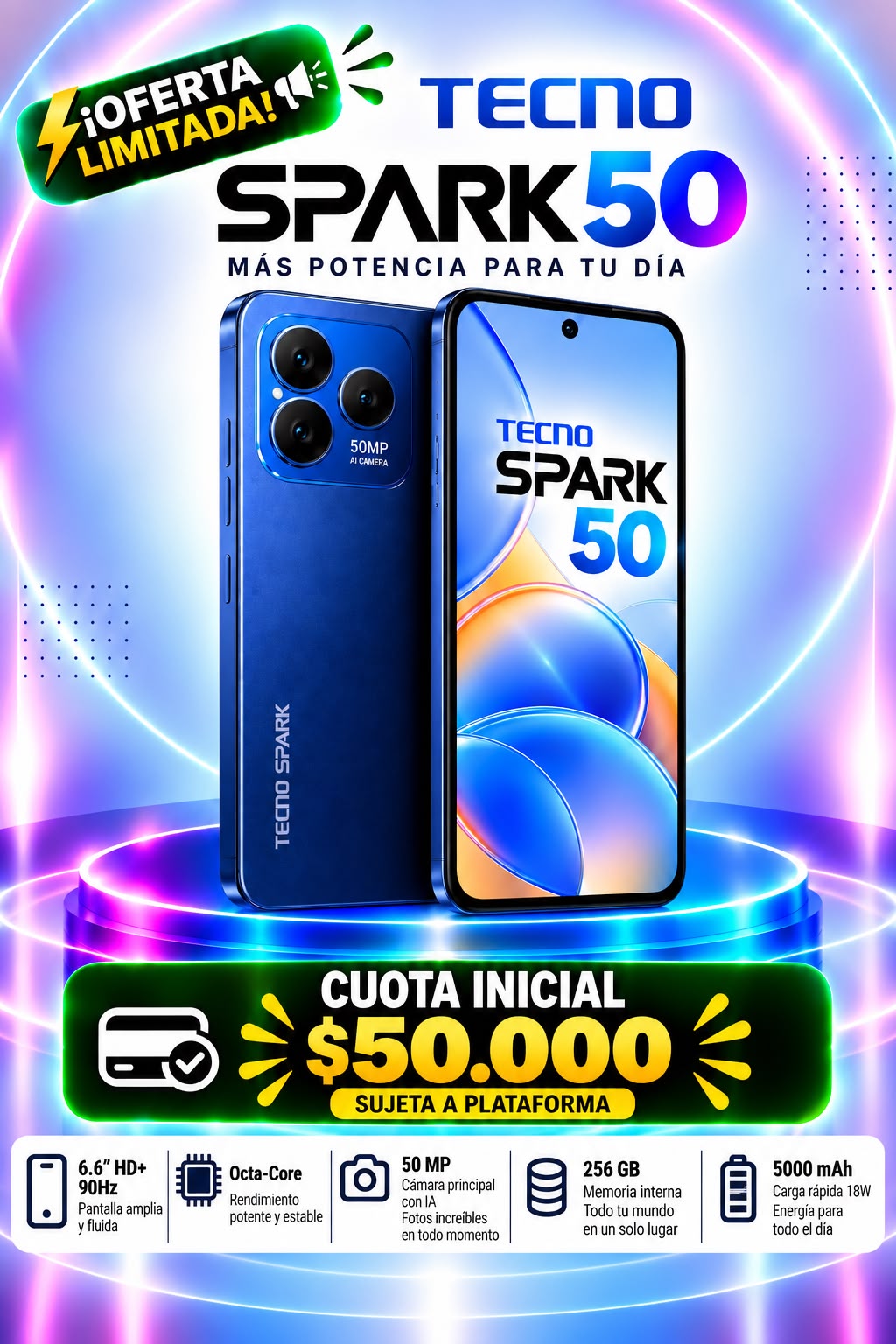 Tecno Spark 50 256GB a crédito con cuota inicial según tu estudio de crédito en Medellín